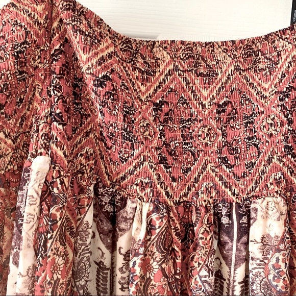 Orange Red Off-Shoulder Paisley Print Smocked Boho Bohemian Dress - Picture 3 of 6